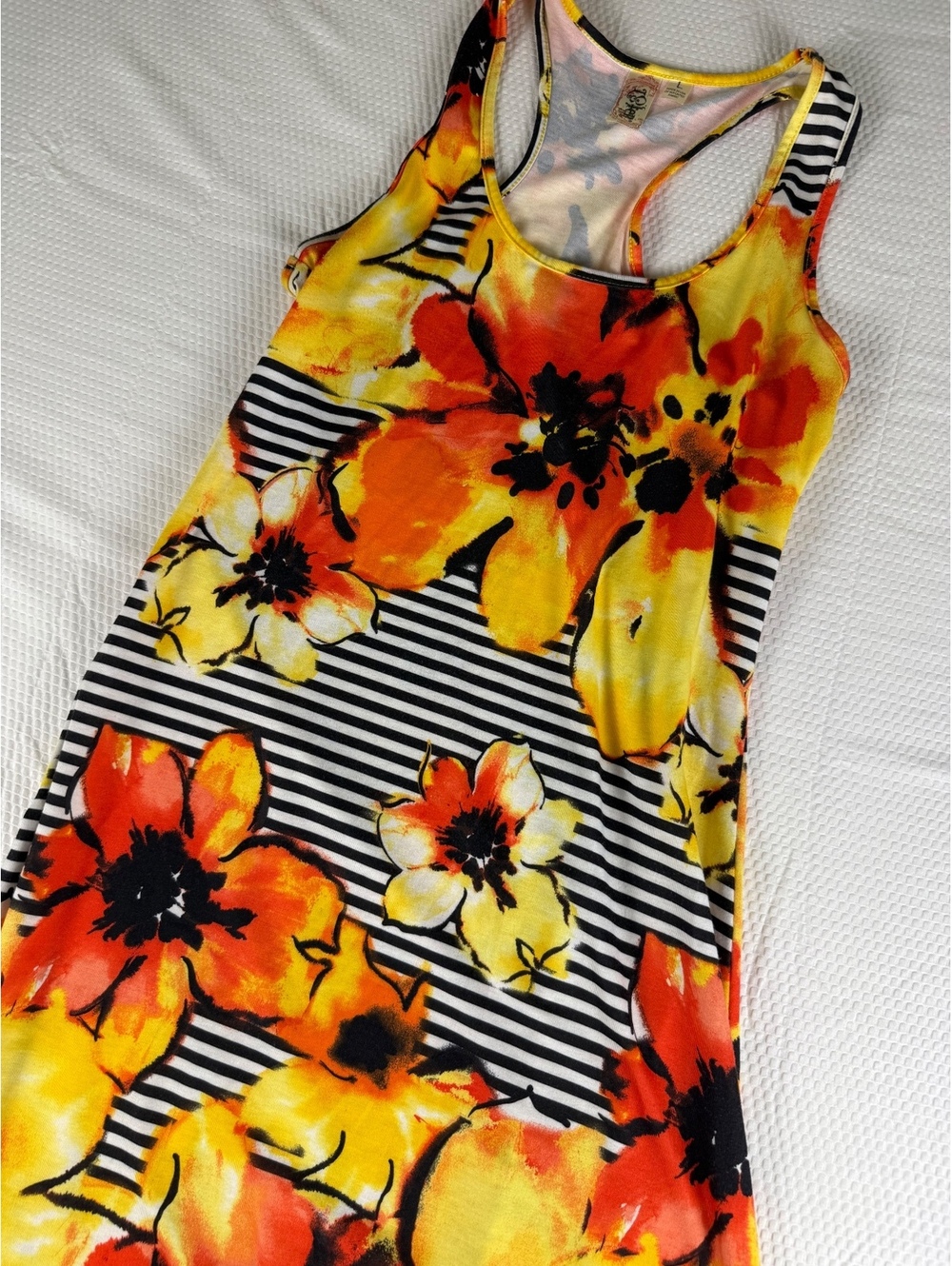 L8ter Maxi Dress L Floral Tropical Striped B&W Racerback Y2K Boho Made USA 90s